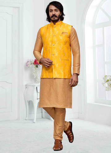 Brocade Yellow Jacket With Cream Woven Art Silk Kurta Pyjamas